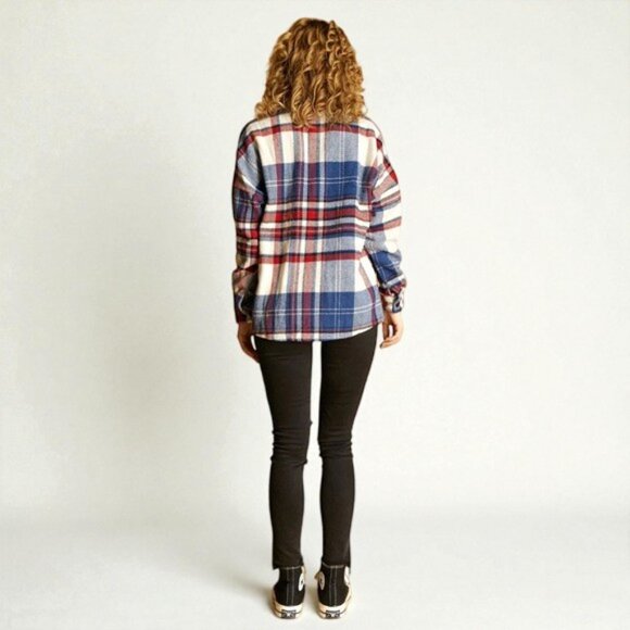 NWT J.ING Jing Vintage Style Red White Blue Plaid Oversized Flannel Shacket - Picture 8 of 8